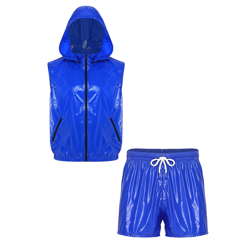 Men's Waterproof Tracksuit Sleeveless Zipper Hooded Vest with Boxer Shorts Built-in Briefs Fitness Cycling Sportswear Clubwear