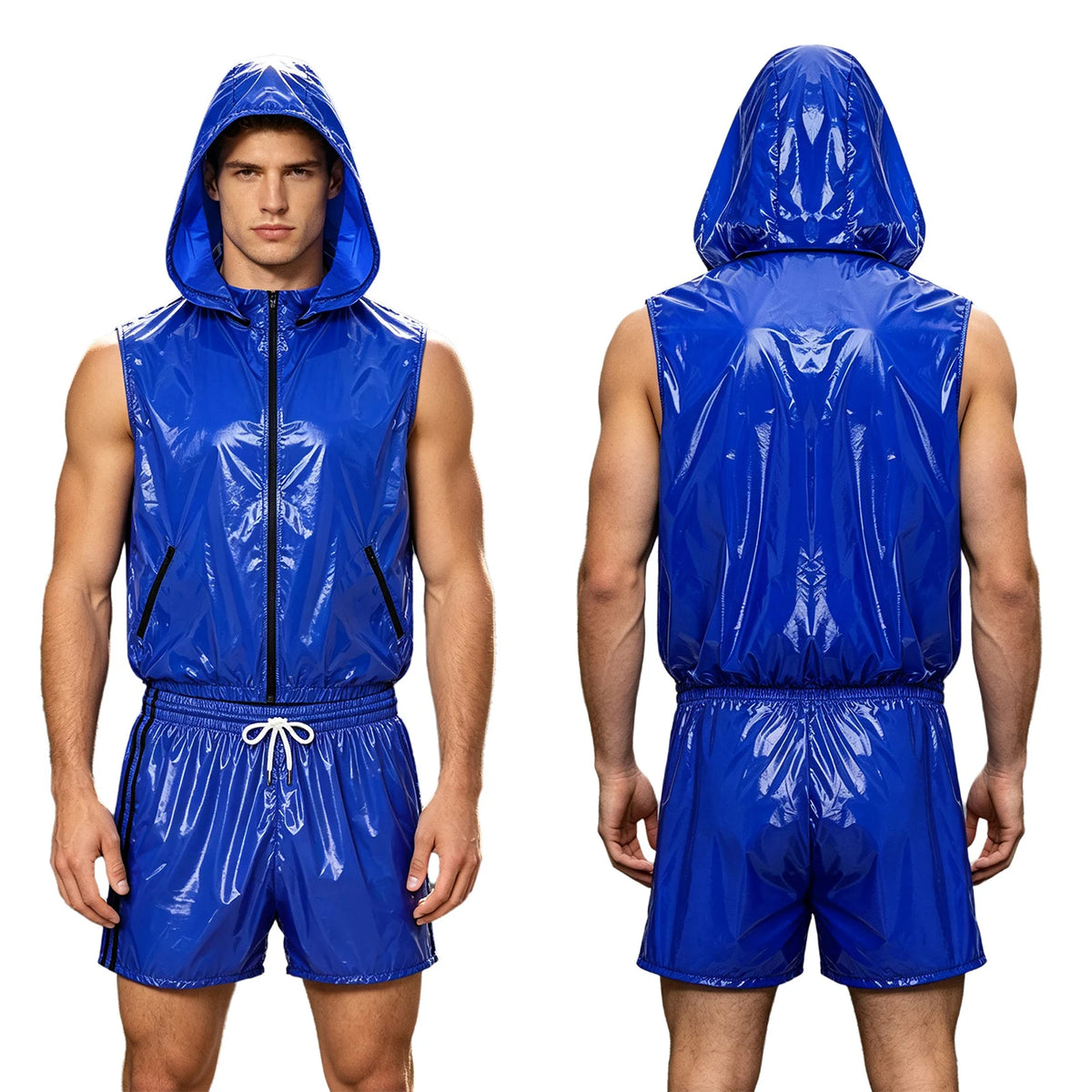 Men's Waterproof Tracksuit Sleeveless Zipper Hooded Vest with Boxer Shorts Built-in Briefs Fitness Cycling Sportswear Clubwear