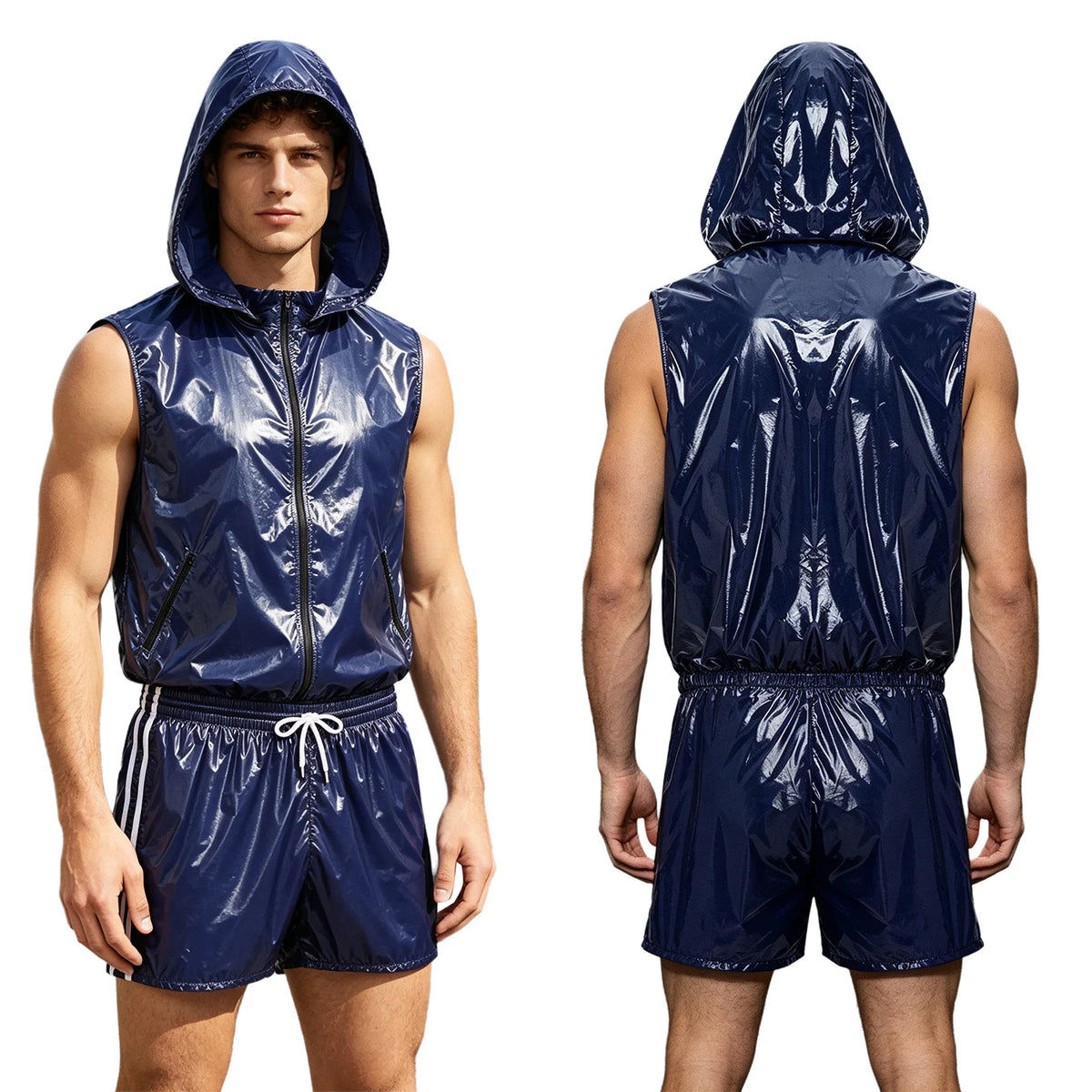 Men's Waterproof Tracksuit Sleeveless Zipper Hooded Vest with Boxer Shorts Built-in Briefs Fitness Cycling Sportswear Clubwear