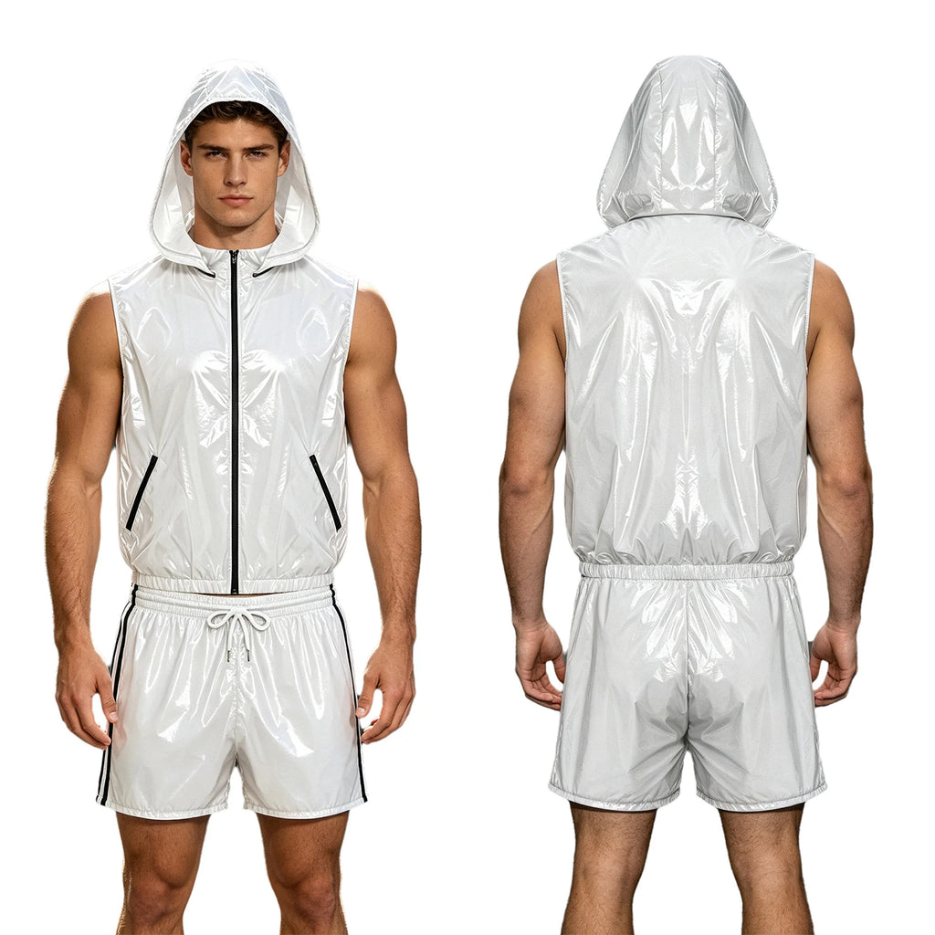 Men's Waterproof Tracksuit Sleeveless Zipper Hooded Vest with Boxer Shorts Built-in Briefs Fitness Cycling Sportswear Clubwear