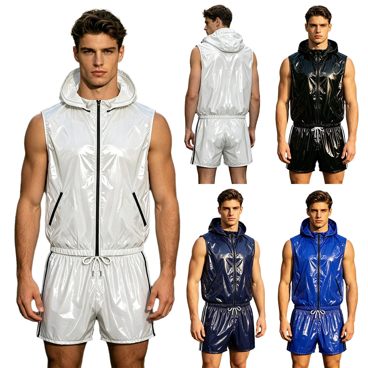 Men's Waterproof Tracksuit Sleeveless Zipper Hooded Vest with Boxer Shorts Built-in Briefs Fitness Cycling Sportswear Clubwear