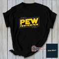 Black t-shirt with bold yellow 'PEW PEW PEW' graphic design