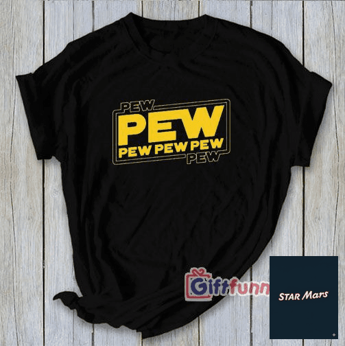 Black t-shirt with bold yellow 'PEW PEW PEW' graphic design