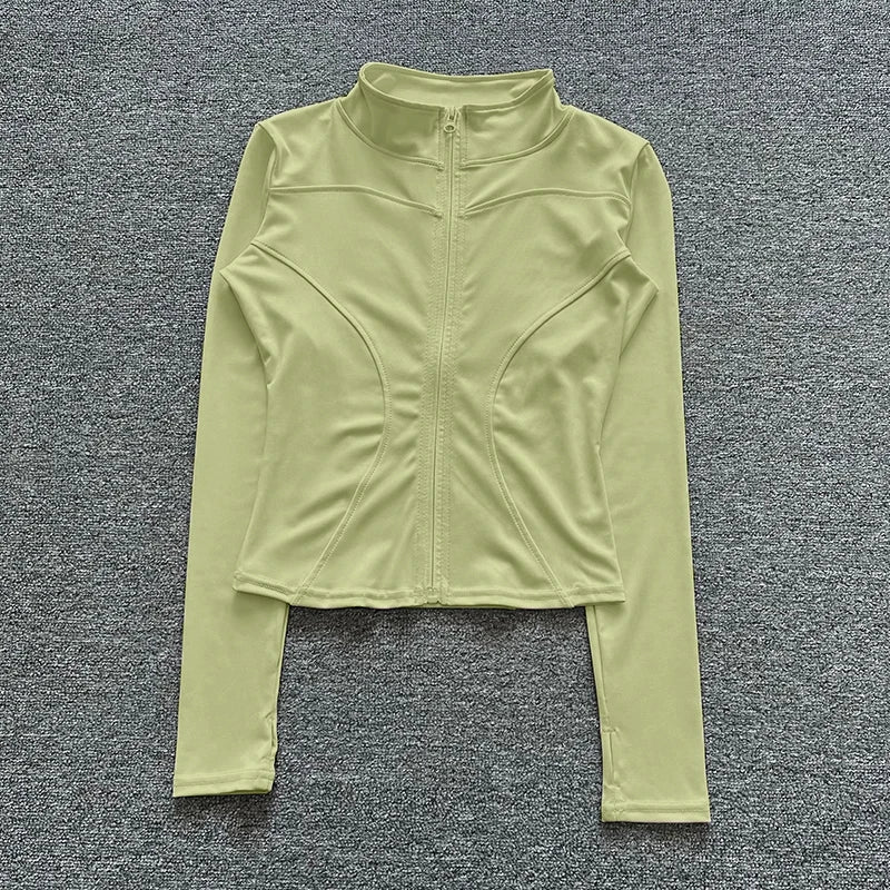 Light green long sleeve workout jacket with zip closure
