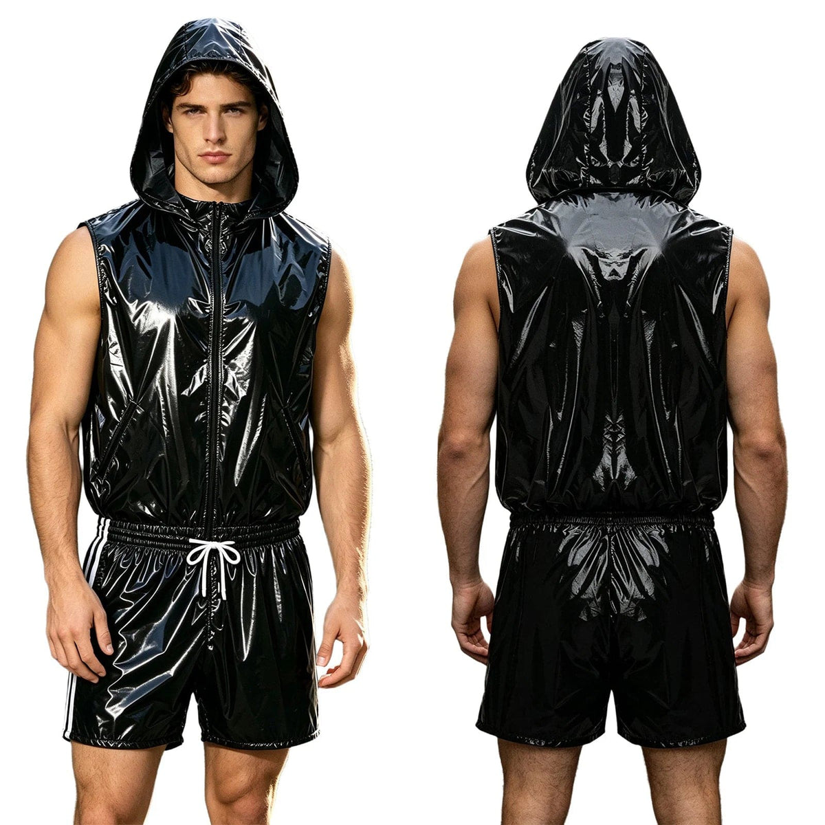 Men's sleeveless waterproof vest and boxer shorts set in black.