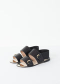 Stylish black sandals with two buckle straps and elastic back.