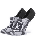 Black and gray socks with a space-themed design and emblem.
