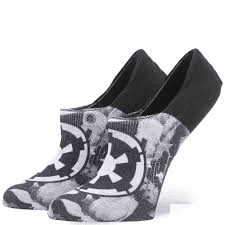 Black and gray socks with a space-themed design and emblem.